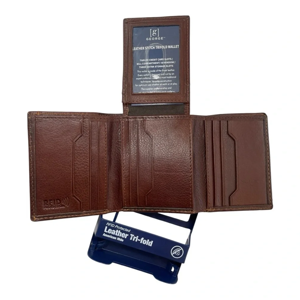 George Flip ID Men's Crunch Trifold Leather RFID Wallet Brown Very Nice NWT